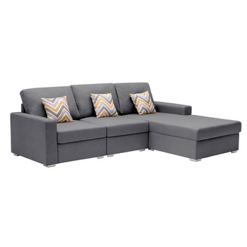 Lilola Home Nolan Gray Linen Fabric 3Pc Reversible Sectional Sofa Chaise with Pillows and Interchangeable Legs 89425-12B