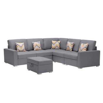 Lilola Home Nolan Gray Linen Fabric 6Pc Reversible Sectional Sofa with Pillows, Storage Ottoman, and Interchangeable Legs 89425-16