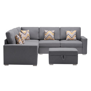 Lilola Home Nolan Gray Linen Fabric 6Pc Reversible Sectional Sofa with Pillows, Storage Ottoman, and Interchangeable Legs 89425-16