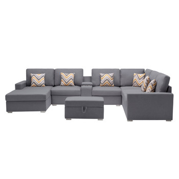 Lilola Home Nolan Gray Linen Fabric 8Pc Reversible Chaise Sectional Sofa 89425-19B
