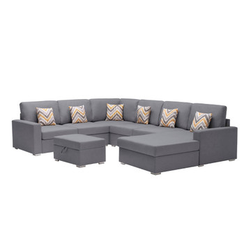 Lilola Home Nolan Gray Linen Fabric 7Pc Reversible Chaise Sectional Sofa with Interchangeable Legs, Pillows and Storage Ottoman 89425-20A