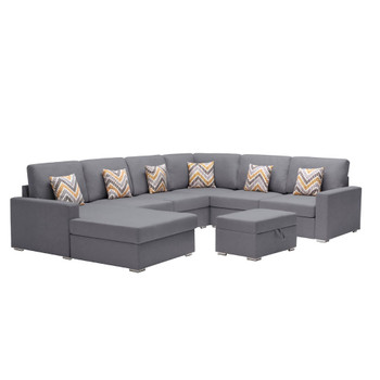 Lilola Home Nolan Gray Linen Fabric 7Pc Reversible Chaise Sectional Sofa with Interchangeable Legs, Pillows and Storage Ottoman 89425-20B