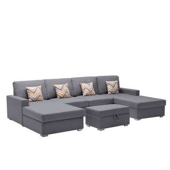 Lilola Home Nolan Gray Linen Fabric 5Pc Double Chaise Sectional Sofa with Interchangeable Legs, Storage Ottoman, and Pillows 89425-23