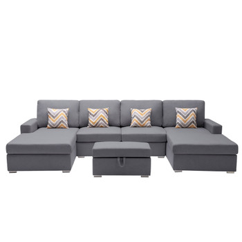 Lilola Home Nolan Gray Linen Fabric 5Pc Double Chaise Sectional Sofa with Interchangeable Legs, Storage Ottoman, and Pillows 89425-23