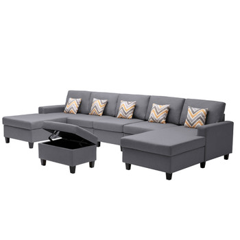 Lilola Home Nolan Gray Linen Fabric 6Pc Double Chaise Sectional Sofa with Interchangeable Legs, Storage Ottoman, and Pillows 89425-24