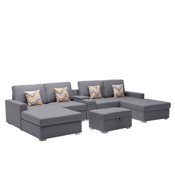 Lilola Home Nolan Gray Linen Fabric 6Pc Double Chaise Sectional Sofa with Interchangeable Legs, Storage Ottoman, Pillows, and a USB, Charging Ports, Cupholders, Storage Console Table 89425-25