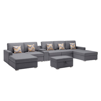 Lilola Home Nolan Gray Linen Fabric 7Pc Double Chaise Sectional Sofa with Interchangeable Legs, Storage Ottoman, Pillows, and a USB, Charging Ports, Cupholders, Storage Console Table 89425-26