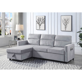 Lilola Home Ivy Light Gray Velvet Reversible Sleeper Sectional Sofa with Storage Chaise and Side Pocket 89331LG