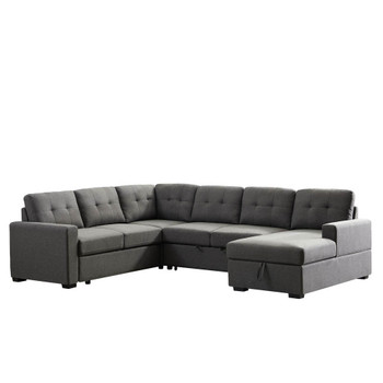Lilola Home Selene Dark Gray Linen Fabric Sleeper Sectional Sofa with Storage Chaise 89128
