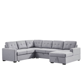 Lilola Home Selene Light Gray Linen Fabric Sleeper Sectional Sofa with Storage Chaise 89129