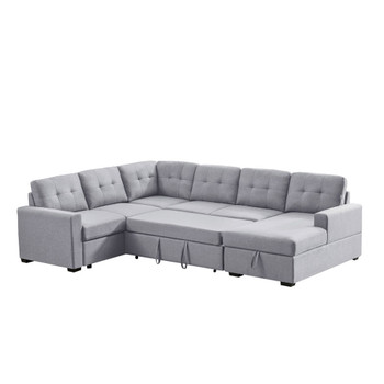 Lilola Home Selene Light Gray Linen Fabric Sleeper Sectional Sofa with Storage Chaise 89129