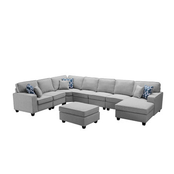 Lilola Home Faith Light Gray Linen 8Pc Modular L-Shape Sectional Sofa Chaise and Ottoman 889120-4