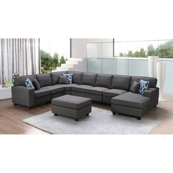 Lilola Home Faith Dark Gray Linen 8Pc Modular L-Shape Sectional Sofa Chaise and Ottoman 889122-4