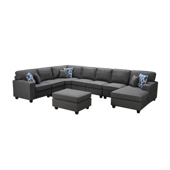 Lilola Home Faith Dark Gray Linen 8Pc Modular L-Shape Sectional Sofa Chaise and Ottoman 889122-4