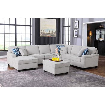 Lilola Home Leo Light Gray Linen 7Pc Modular L-Shape Sectional Sofa Chaise and Ottoman 89121-14