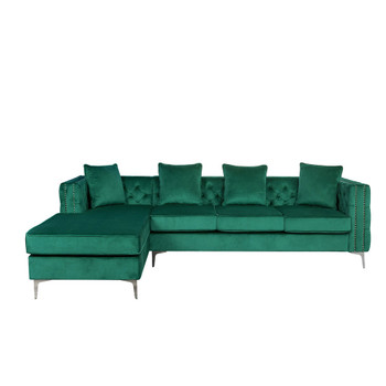 Lilola Home Ryan Green Velvet Reversible Sectional Sofa Chaise with Nail-Head Trim 87840GN