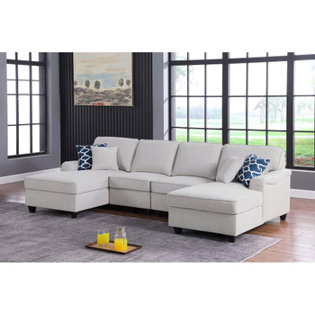 Lilola Home Leo Light Gray Linen Double Chaise 4Pc Modular Sectional Sofa 89121-4