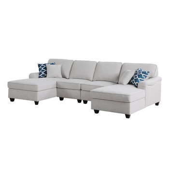 Lilola Home Leo Light Gray Linen Double Chaise 4Pc Modular Sectional Sofa 89121-4