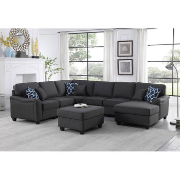 Lilola Home Leo Dark Gray Linen 7Pc Modular L-Shape Sectional Sofa Chaise and Ottoman 89123-1