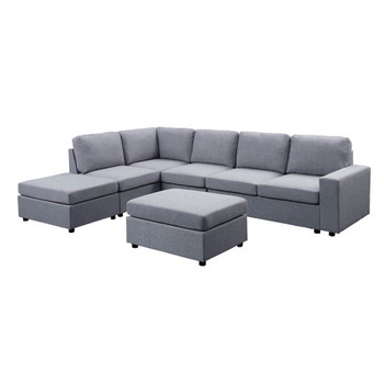 Lilola Home Marley Light Gray Linen 7 Seat Reversible Modular Sectional Sofa with Ottoman 881802-7