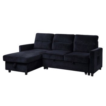 Lilola Home Ivy Black Velvet Reversible Sleeper Sectional Sofa with Storage Chaise and Side Pocket 89331