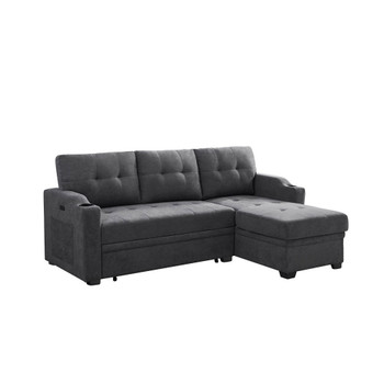 Lilola Home Mabel Dark Gray Woven Fabric Sleeper Sectional with cupholder, USB charging port and pocket 81514