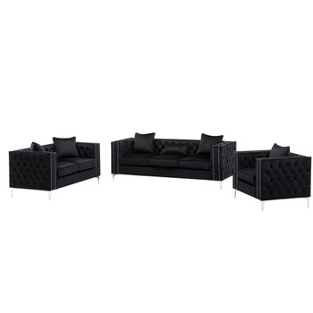 Lilola Home Lorreto Black Velvet Fabric Sofa Loveseat Chair Living Room Set 89714