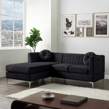 Lilola Home Chloe Black Velvet Sectional Sofa Chaise with USB Charging Port 81397