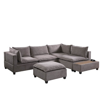 Lilola Home Madison Light Gray Fabric 6 Piece Modular Sectional Sofa with Ottoman and USB Storage Console Table 81400-10