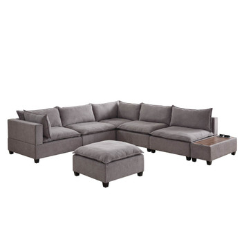 Lilola Home Madison Light Gray Fabric 7Pc Modular Sectional Sofa with Ottoman and USB Storage Console Table 81400-11