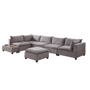 Lilola Home Madison Light Gray Fabric 7 Piece Modular Sectional Sofa with Ottoman and USB Storage Console Table 81400-11A