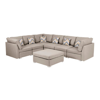 Lilola Home Amira Beige Fabric Reversible Modular Sectional Sofa with Ottoman and Pillows 89820-7