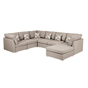 Lilola Home Amira Beige Fabric Reversible Modular Sectional Sofa with Ottoman and Pillows 89820-7A