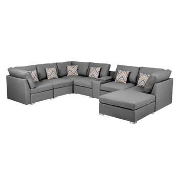 Lilola Home Amira Gray Fabric Reversible Modular Sectional Sofa with USB Console and Ottoman 89825-6A