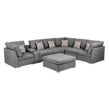 Lilola Home Amira Gray Fabric Reversible Modular Sectional Sofa with USB Console and Ottoman 89825-6B