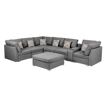 Lilola Home Amira Gray Fabric Reversible Modular Sectional Sofa with USB Console and Ottoman 89825-6B