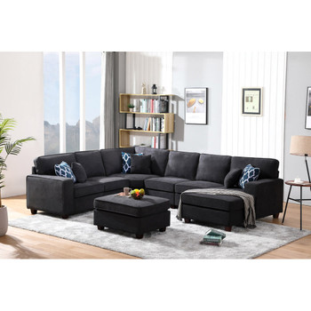 Lilola Home Jocelyn Dark Gray Woven 7Pc Modular L-Shape Sectional Sofa Chaise and Ottoman 89124-1