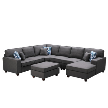 Lilola Home Willowleaf Dark Gray Linen 7Pc Modular Sectional Sofa Chaise and Ottoman 89122-1