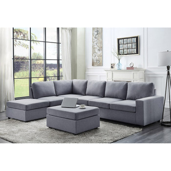 Lilola Home Cassia Light Gray Linen 7 Seat Reversible Modular Sectional Sofa with Ottoman 81802-7