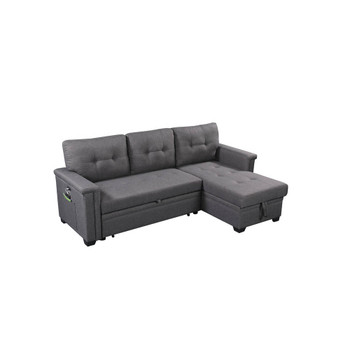 Lilola Home Ashlyn Dark Gray Reversible Sleeper Sectional Sofa with Storage Chaise, USB Charging Ports and Pocket 81382