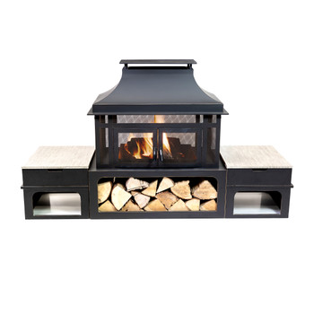 Deko Living Rimasco 80" Metal Wood Burner Fireplace with Side Storage Tables  -  COB10504