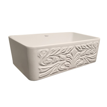 Whitehaus Farmhaus Fireclay Reversible Sink With A Gothichaus Swirl Design Front Apron On One Side - WHFLGO3018-BISCUIT