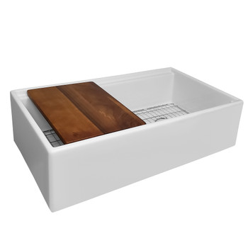 Whitehaus 36" Reversible Single Bowl Fireclay Sink Set With A Smooth Front Apron, Walnut Wood Cutting Board And Stainless Steel Grid - WHLW3619