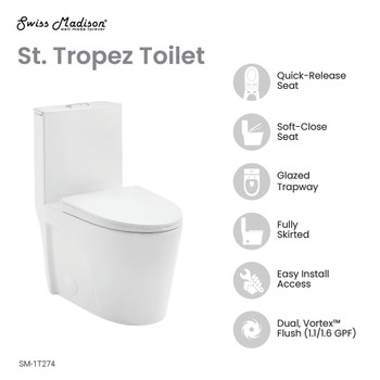 St. Tropez One Piece Elongated Toilet Dual Vortex Flush 1.1/1.6 gpf with 10" Rough In SM-1T274