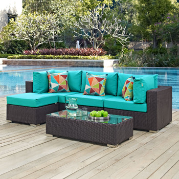 Modway Convene 5 Piece Outdoor Patio Sectional Set EEI-2362-EXP-TRQ-SET Espresso Turquoise