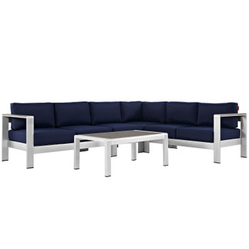 Modway Shore 5 Piece Outdoor Patio Aluminum Sectional Sofa Set EEI-2557-SLV-NAV Silver Navy