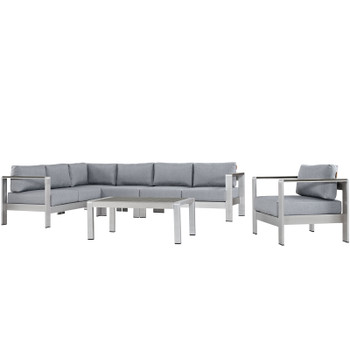 Modway Shore 6 Piece Outdoor Patio Aluminum Sectional Sofa Set EEI-2558-SLV-GRY Silver Gray