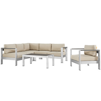 Modway Shore 5 Piece Outdoor Patio Aluminum Sectional Sofa Set EEI-2560-SLV-BEI Silver Beige