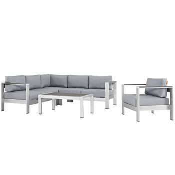 Modway Shore 5 Piece Outdoor Patio Aluminum Sectional Sofa Set EEI-2560-SLV-GRY Silver Gray