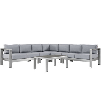 Modway Shore 6 Piece Outdoor Patio Aluminum Sectional Sofa Set EEI-2561-SLV-GRY Silver Gray